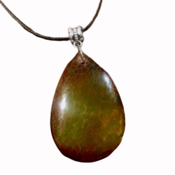 Fire Dragon Agate Teardrop Pendant on Waxed Necklace w/ Lobster Claw Clasp - Picture 4 of 11